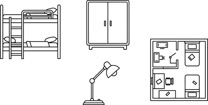 Set of bedroom furniture icons with bunk bed wardrobe lamp and floor plan.
