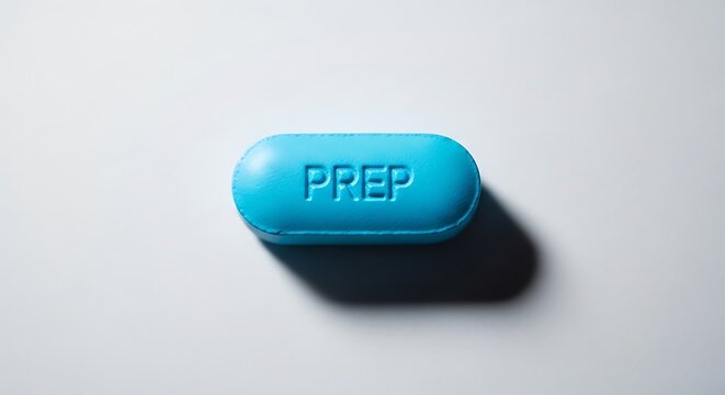 Blue prep pill resting on a minimalist white surface with sharp focus and hard shadows in a macro shot for healthcare and pharmaceutical marketing