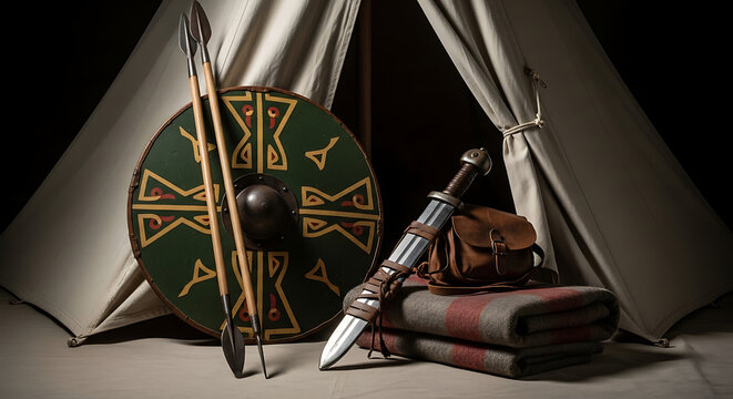 Ancient warrior camp setup with shield, spears, sword, and blanket, historically inspired military gear