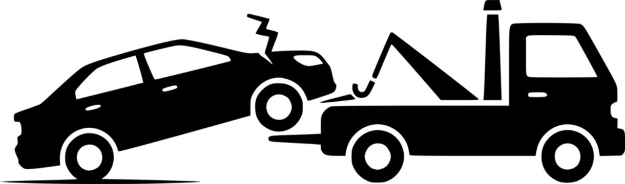 simple tow truck towing broken down car silhouette side view icon symbol transparent background
