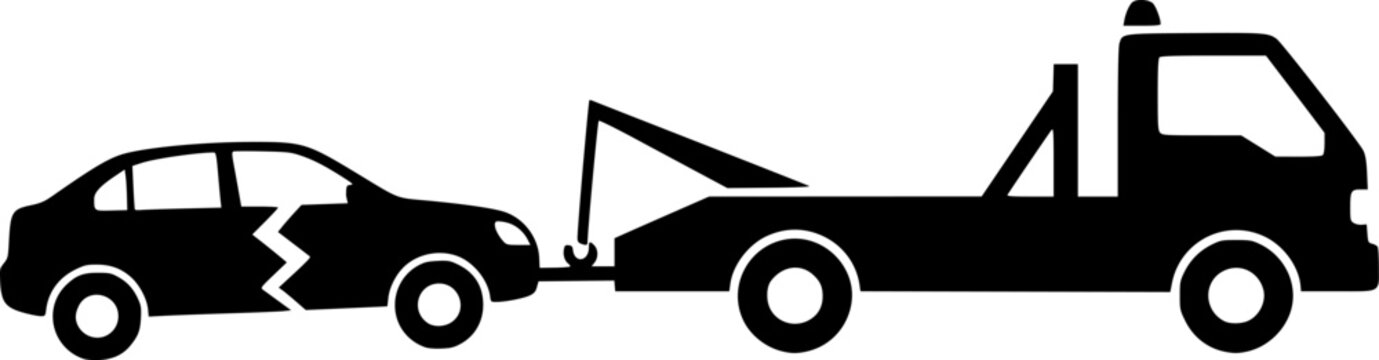 simple tow truck towing broken down car silhouette side view icon symbol transparent background

