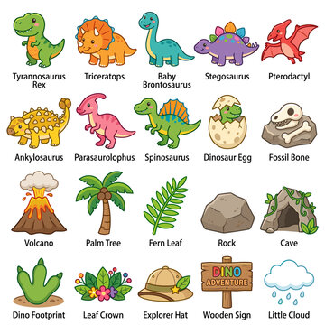 Cute dinosaur clipart set with labeled prehistoric animals, fossils, volcano, cave, plants, rocks and explorer items for kids education design