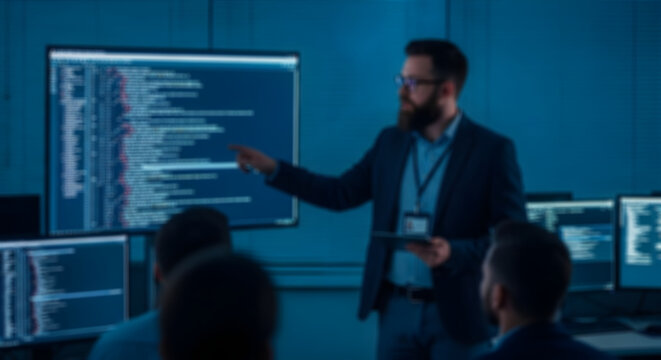 Professional developer leading software engineering presentation in dark office , blur

