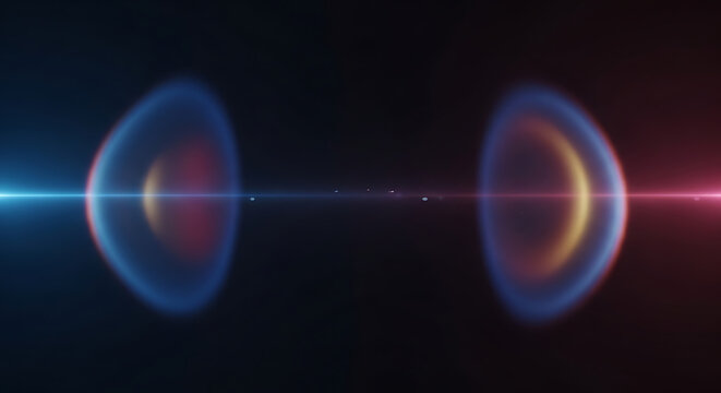 Abstract representation of a plasma fusion reaction, glowing blue and red energy fields colliding on a dark background, digital science concept