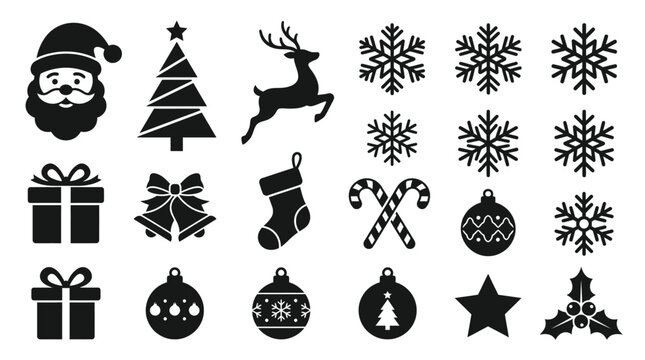 Set of black Christmas holiday icons and festive design elements.
