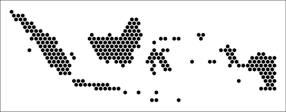 Indonesia hexagon map. Plain black and white dotted shape template. Country tiny hexagon cells. Indonesia flat honeycomb template. Vector Illustration.