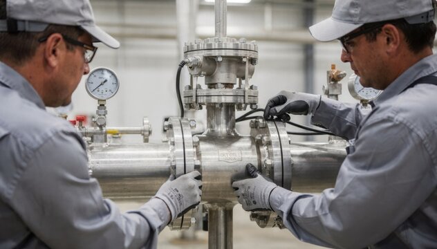 Medium shot of turbine flow meter being integrated into pipeline technicians adjusting fittings to ensure precise pump flow measurement during assembly process.
