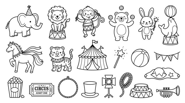 Black and white circus clipart set with animals, tent, cannon, balloons, drum, popcorn, props and carnival icons for coloring pages and kids crafts