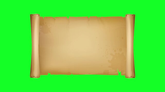 Scroll, Parchment on green screen background
Old Paper Scroll 3d roll 4k parchment animation open up from left to right with green screen frame on blank empty space | Vintage paper scroll or parchment