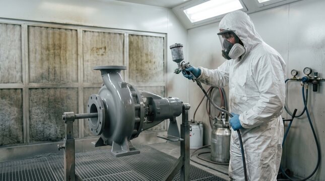 Medium shot capturing polyurethane paint being evenly applied to a pump in a controlled spray booth environment emphasizing durable protective finish.