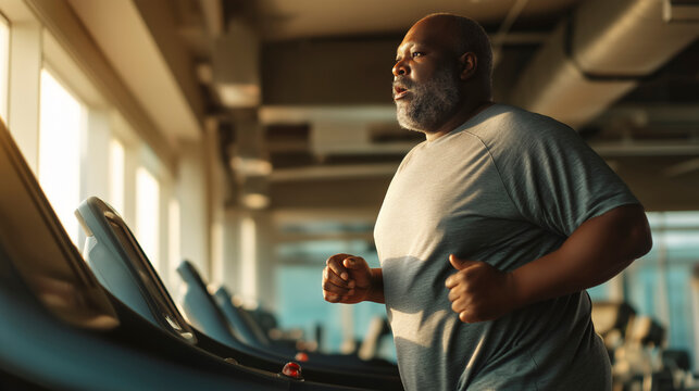 An Overweight African American Man Exercising on Treadmill in Modern Gym