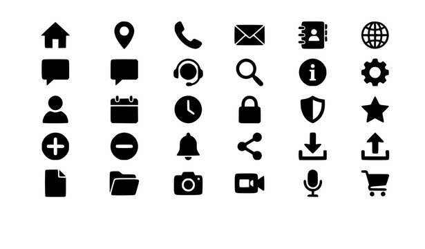 Universal Web and Mobile App Icon Set featuring Contact, Communication, Social Media, Navigation, and Interface Symbols for Business Websites, Digital Marketing, and Modern UI Designs