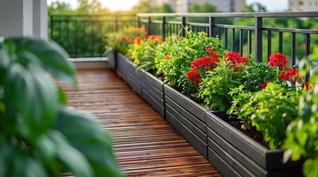 Cozy apartment balcony featuring long wooden planter filled with vibrant red geraniums and green plants on warm sunset evening. High quality photo