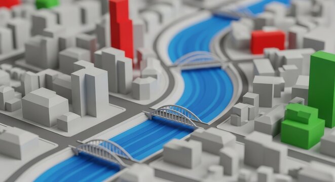 A miniature urban landscape features winding blue rivers and small arched bridges, captured with a tilt-shift effect for a shallow focus, scale, simulated, diorama
