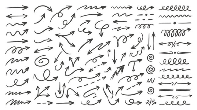 Extensive compilation of versatile hand-drawn arrows, doodle lines, and decorative design elements for creative graphic projects and annotations