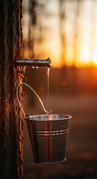 Close-up of a metal spile inserted into a tree trunk during golden hour sunset, capturing the natural syrup flow into a hanging bucket, golden hour, sap, yellow