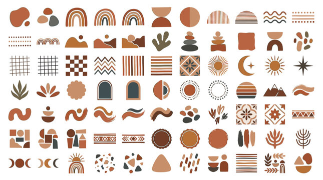 Boho abstract clipart set with rainbows, arches, suns, moons, geometric patterns, leaves, flowers, hands, eyes, waves, dots, and earthy decor
