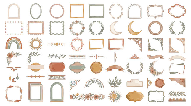 Boho botanical frame clipart set with arches, circles, squares, moons, suns, flowers, leaves, wreaths, borders, ribbons, and earthy abstract shapes
