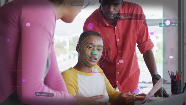 Seated woman tapping phone, HUD nodes tracking face while team leaning in reviewing training log