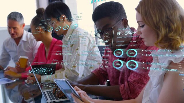 Vertical video: Seeing overlay appear team of five analyzing data at desk using devices in workwear