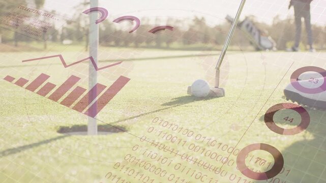 Vertical video: Data overlays fading in on green, showing data, putter behind golf ball, polos