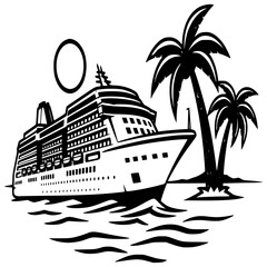 Obraz premium Coastal Voyage: A stylized depiction of a cruise ship sails towards a tropical island paradise, accompanied by palm trees and the sun, invoking the essence of leisurely travel and exploration.