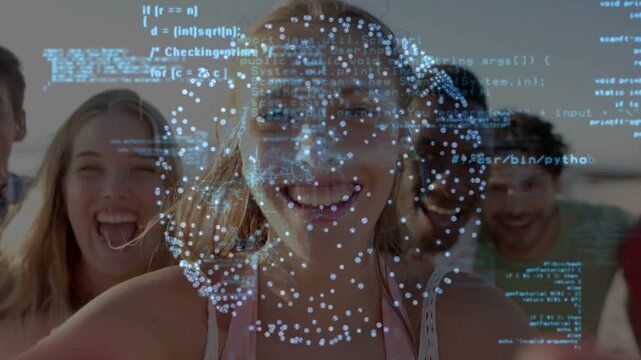 Central woman raising hand, group leaning in on shore, point cloud mapping faces for tech demo