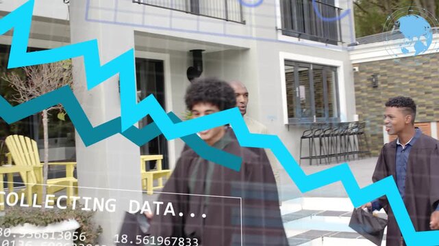 3 graduates and guide walking steps while adult pointing, data overlay collecting education charts