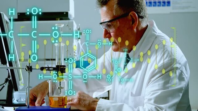 Chemist positioning pipette and initiating transfer for lab analysis with molecular overlay growing