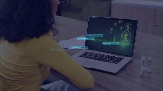 Woman watching laptop starting frame 3 coins appearing onscreen labels multiplying tracking finance