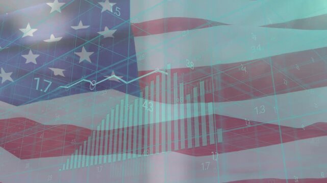 Low cluster appearing, bars rising over US flag, line trending, numbers updating, showing markets