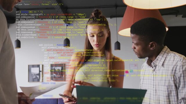 Left man passing folder triggers team checking phone, papers for biz sync with stream code overlay