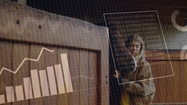 Woman gripping wooden gate inside shed, initiating tech HUD charts multiplying and analysing data
