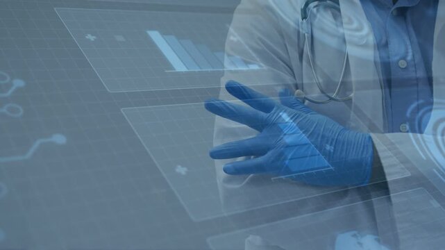 Dr standing arms crossed adjusting gloves while left panels animating bars over glove for health