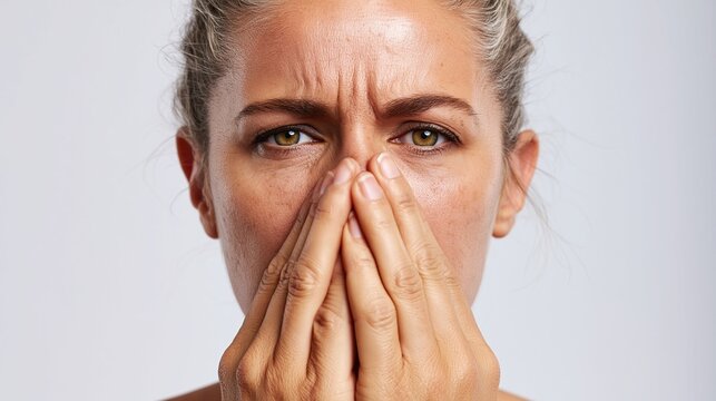 Woman covering her nose and mouth with hands, expressing worry and health concerns, experiencing stress, pain, or allergy symptoms, face showing disappointment
