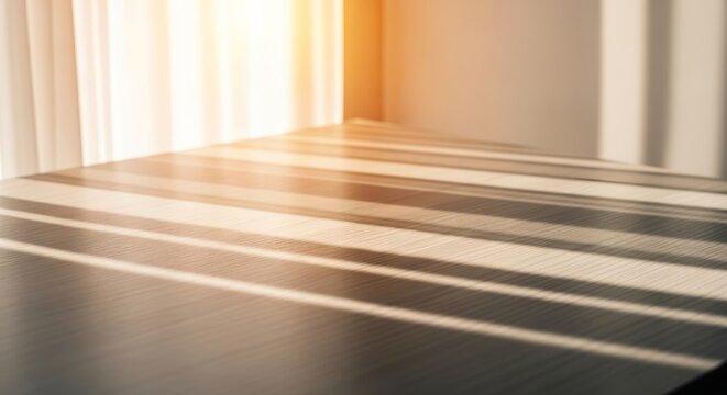 A gentle warm morning light filters through sheer white curtains onto a wooden table, creating soft shadows and a peaceful home atmosphere, ray, peaceful, wood