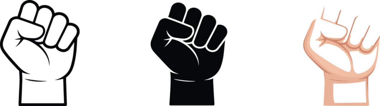 Power, and protest icon with raised fist symbolizing strength determination resistance activism freedom movements and human rights, bold vector design.