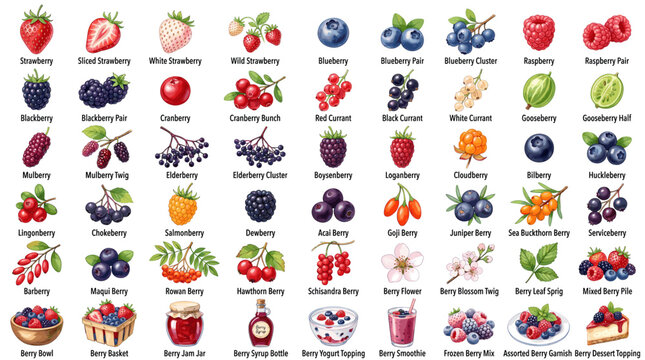 Colorful berry and fruit clipart set with strawberries, raspberries, blueberries, cherries, grapes, currants, jam jars, baskets, pies, and desserts