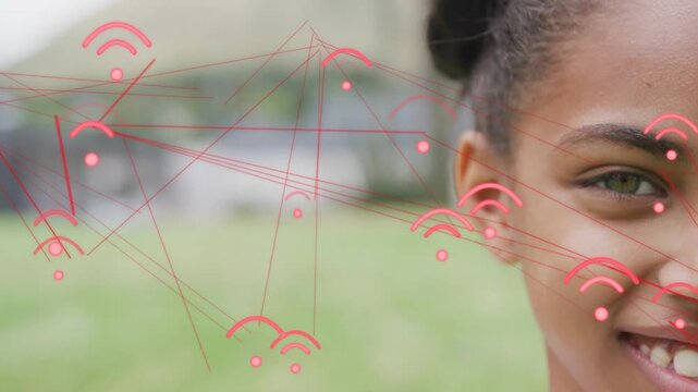 Red arcs and nodes drifting right, starting tech overlay on girl smiling, looking, showing network