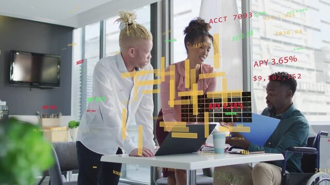 Team collaborating, woman presenting doc to peer with blue folder by laptop, causing finance bars