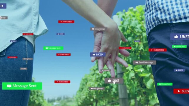 Couple walking vines fingers touching linking sparking social likes popping near hands showing buzz