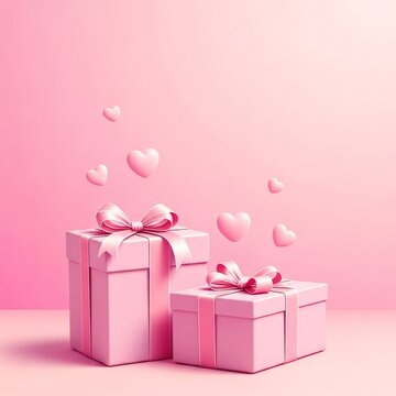 A minimal flat illustration of two wrapped gift boxes with silk ribbons and floating hearts in soft pastel pink tones for a celebration, floating, romantic, celebration
