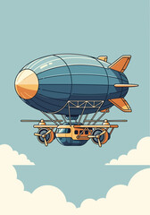 Retro-Futuristic Airship Illustration: Steampunk Zeppelin Flying Above Clouds © DC