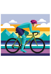 Fototapeta premium Geometric Vector Illustration of a Professional Cyclist Riding a Road Bike Through a Mountain Landscape at Sunset