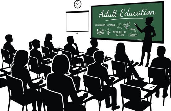 Adult education classroom with teacher and students