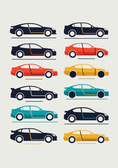 Fototapeta premium Minimalist Modern Car Silhouette Vector Set - Colorful Flat Design Automotive Icons for Transport and Fleet Management