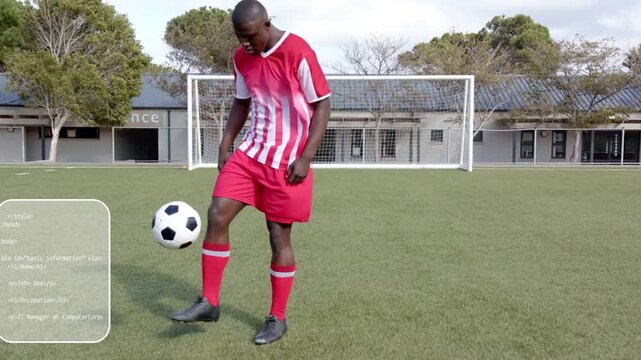 Soccer player placing foot and flicking ball, practicing soccer juggling while HUD overlaying