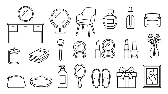 Black and white beauty room outline icon set with vanity desk, mirror, chair, cosmetics, brushes, perfume, towels, slippers, robe, flowers, and decor