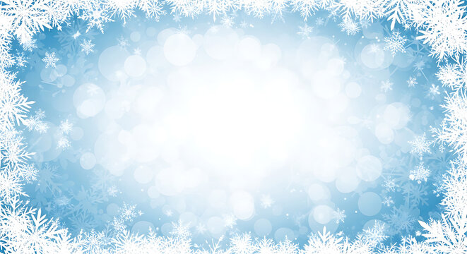 Winter snowflake border frame on soft blue bokeh background with snowflake background christmas seasonal abstract celebration backdrop ornament