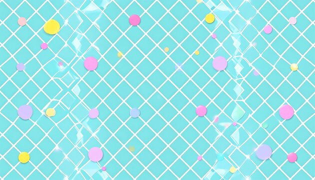 A pastel composition showcasing a turquoise backdrop adorned with white gridlines and scattered, colorful circular shapes